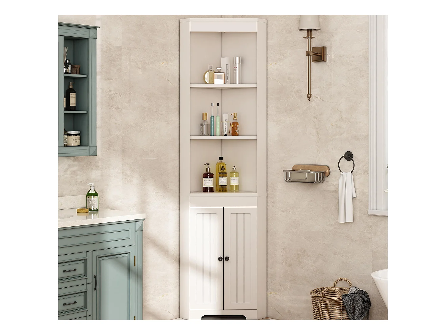 Meuble de salle de bain 49.5x35x170cm - 3 compartiments ouverts - 2 portes résistantes à l'humidité - étagères réglables - blanc