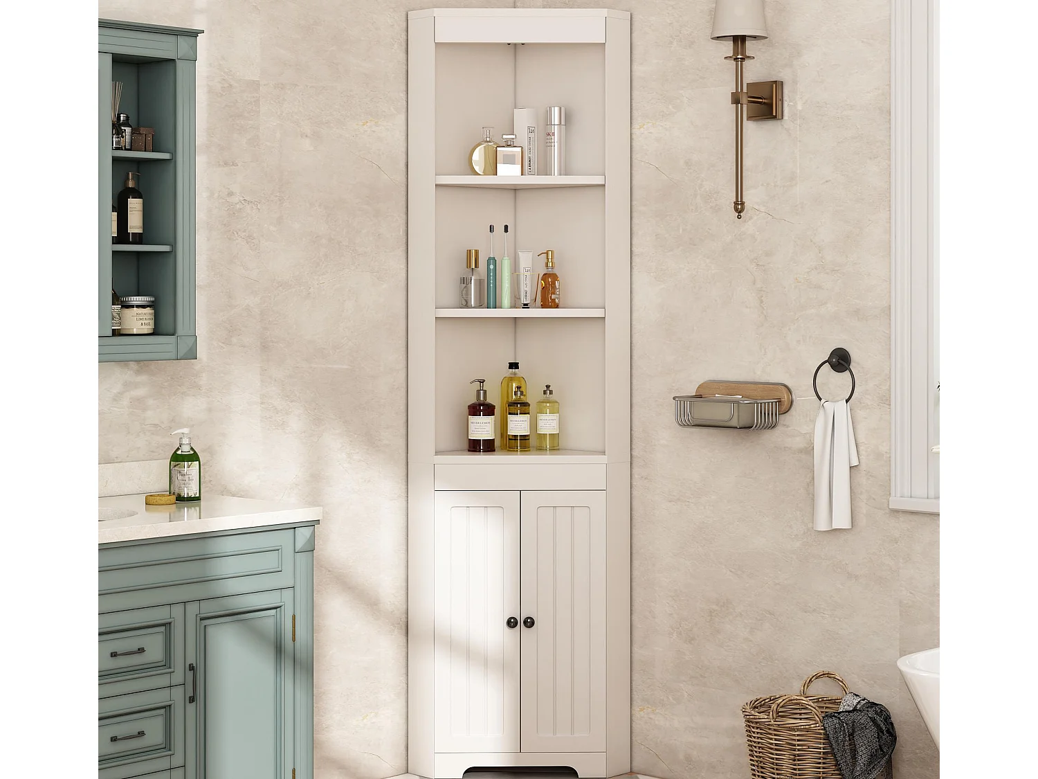 Meuble de salle de bain 49.5x35x170cm - 3 compartiments ouverts - 2 portes résistantes à l'humidité - étagères réglables - blanc