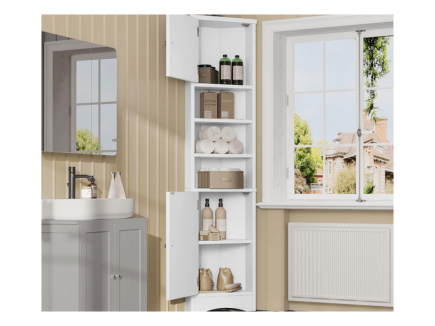 Meuble de salle de bain triangulaire 36.5x24.5x170 cm - 3 compartiments ouverts - 2 portes - blanc
