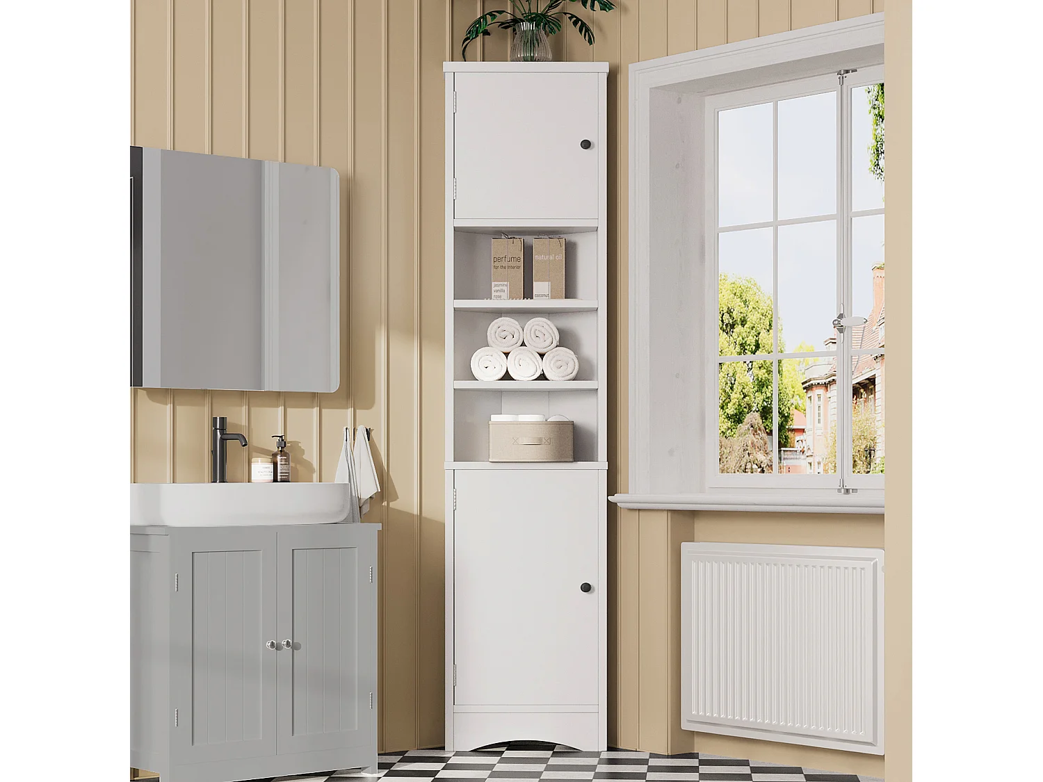 Mueble de baño triangular 36,5×24,5×170 cm - 3 compartimentos abiertos - 2 puertas - blanco