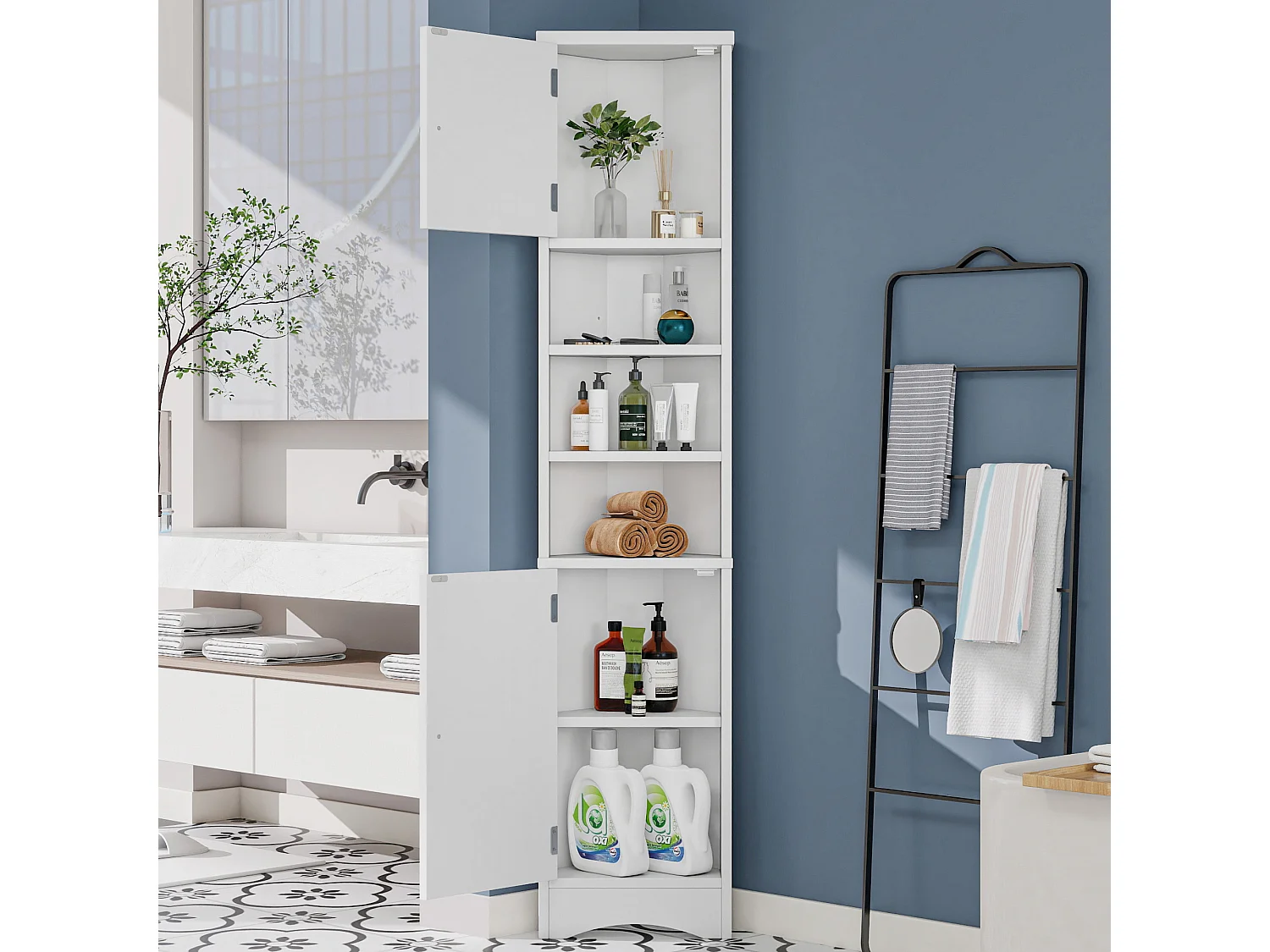 Mueble de baño triangular 36,5×24,5×170 cm - 3 compartimentos abiertos - 2 puertas - blanco