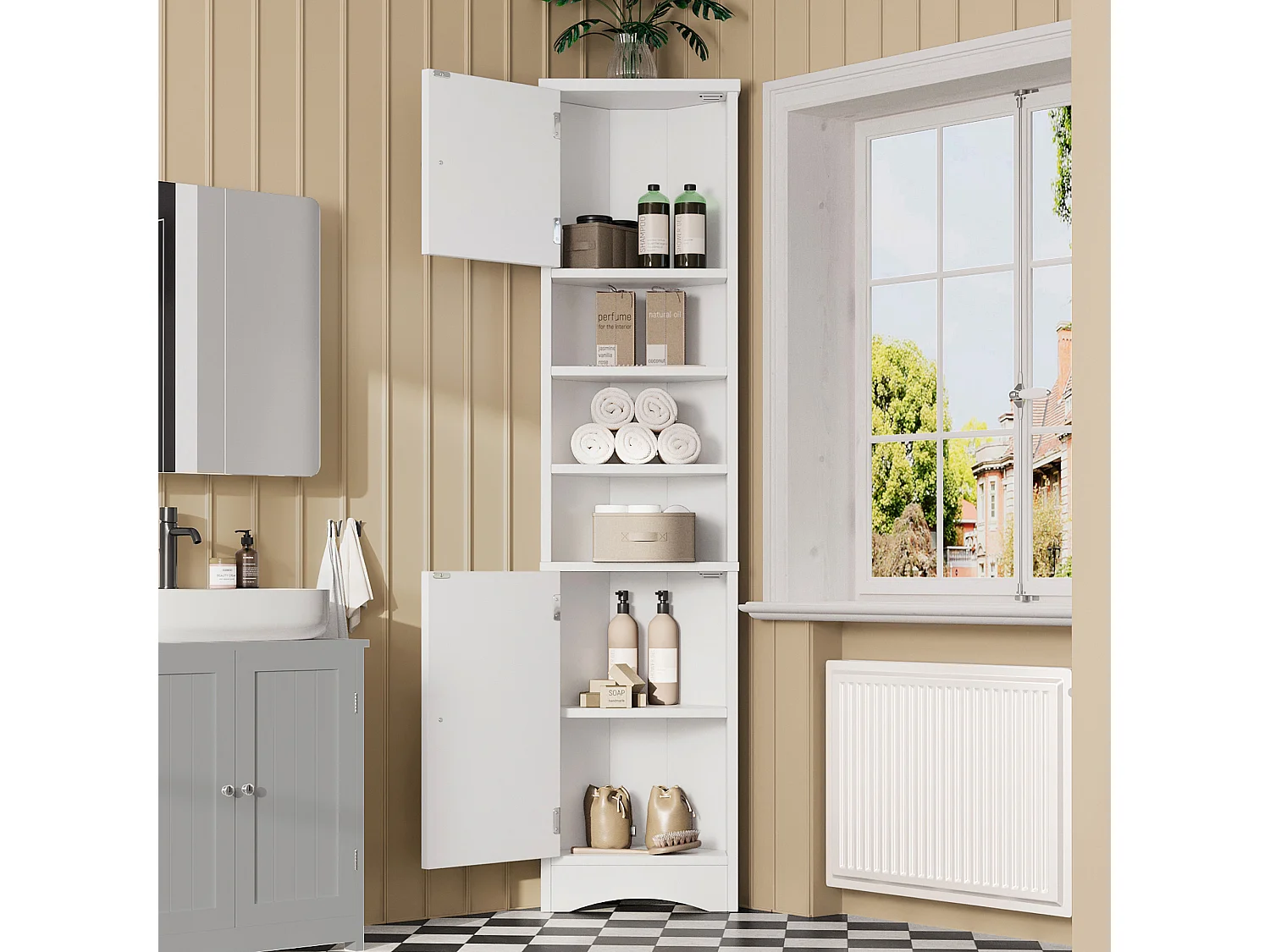 Mueble de baño triangular 36,5×24,5×170 cm - 3 compartimentos abiertos - 2 puertas - blanco