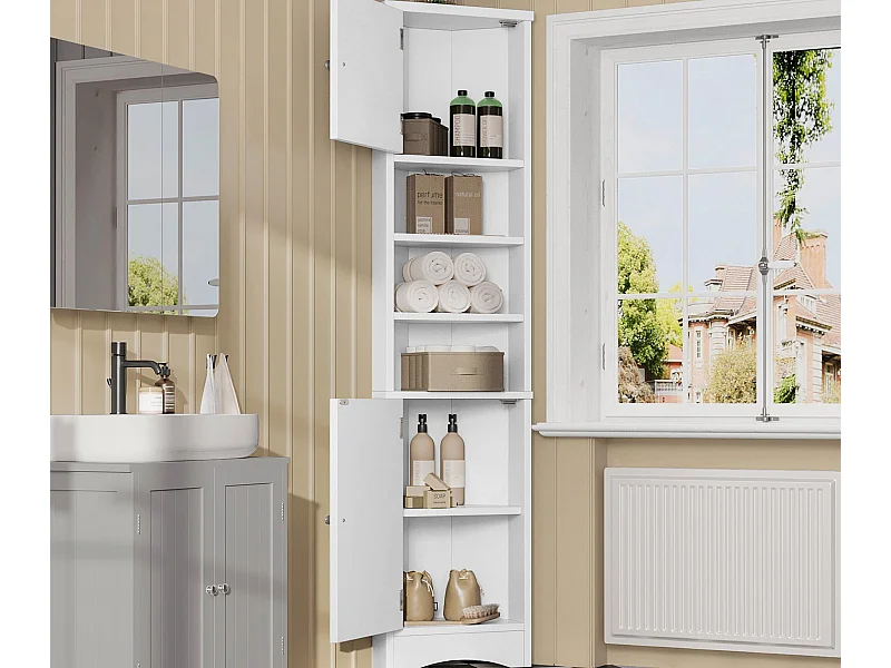 Mueble de baño triangular 36,5×24,5×170 cm - 3 compartimentos abiertos - 2 puertas - blanco