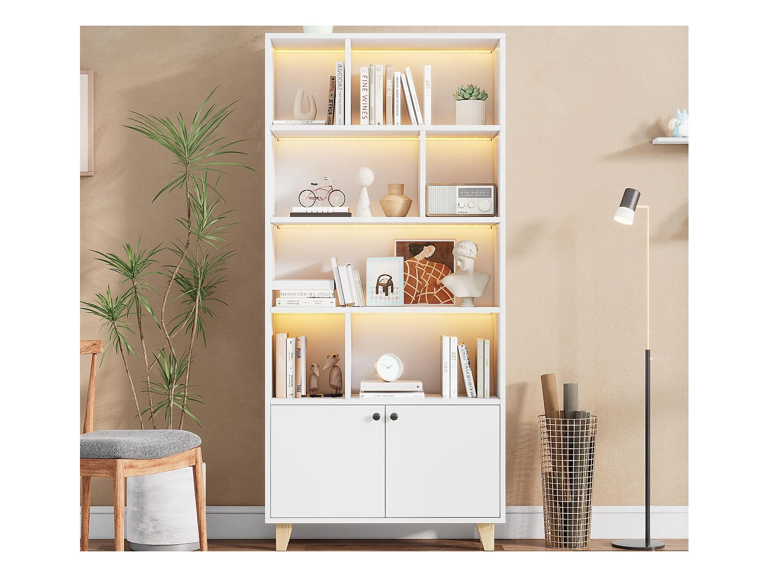 Libreria 80×30×173 cm - illuminazione LED a cambio colore - 2 ante - scomparti di riporo - bianco