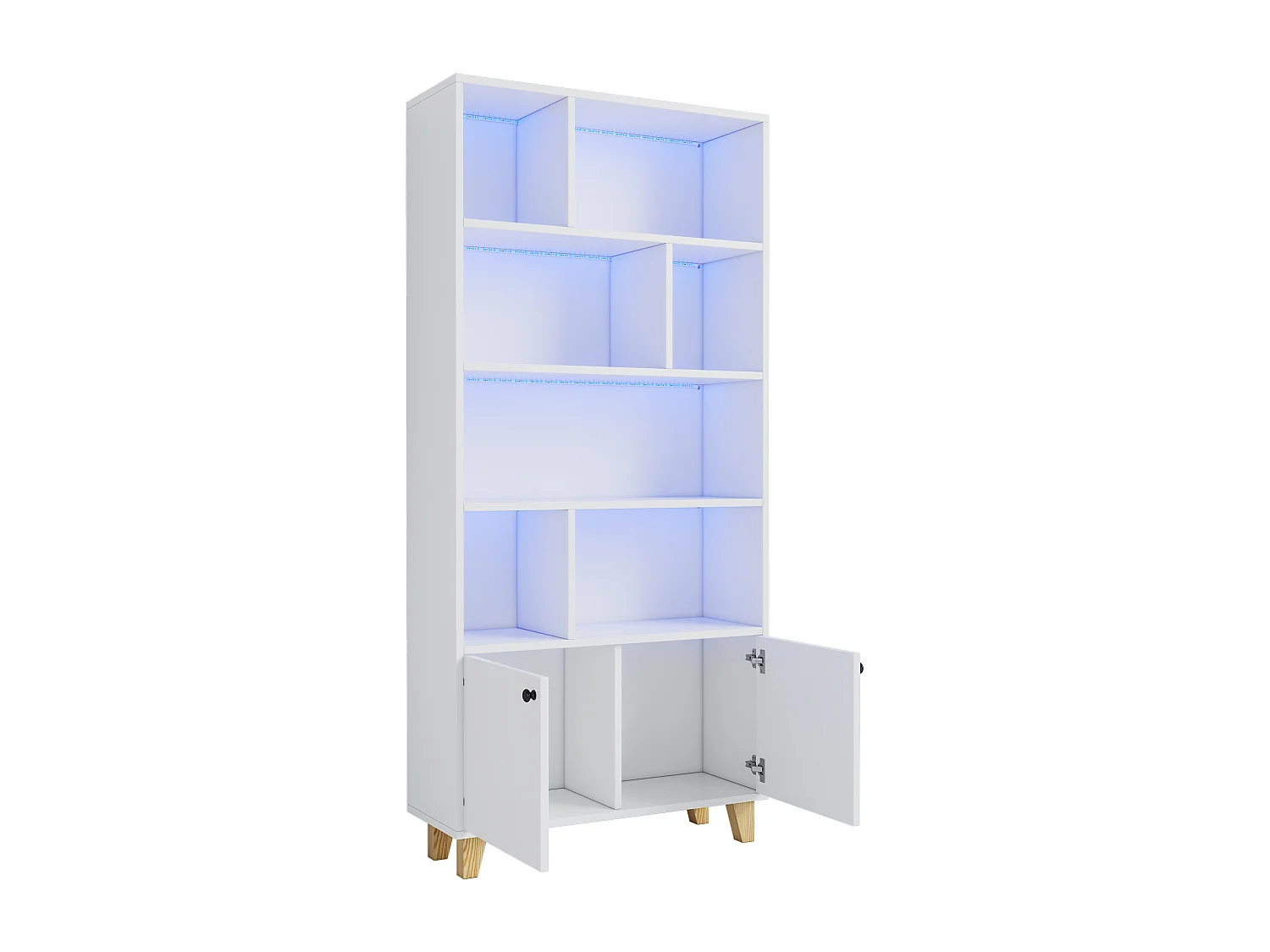 Libreria 80×30×173 cm - illuminazione LED a cambio colore - 2 ante - scomparti di riporo - bianco