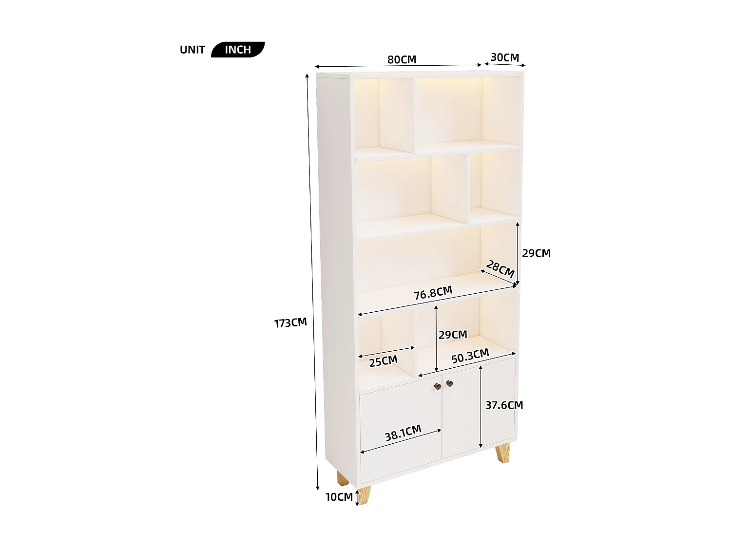 Bücherregal 80×30×173 cm - farbwechselnde LED-Beleuchtung - 2 Türen - Aufbewahrungsfächer - weiß
