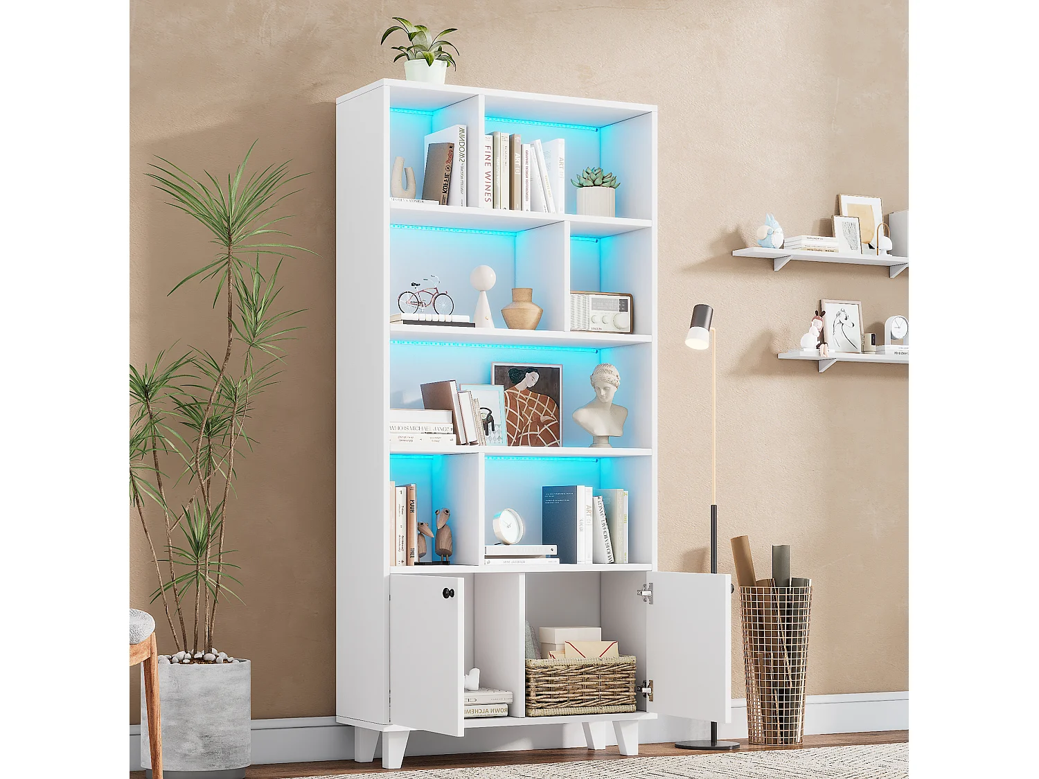 Bibliothèque 80x30x173cm - éclairage LED à changement de couleur - 2 portes - des compartiments de rangement - blanc