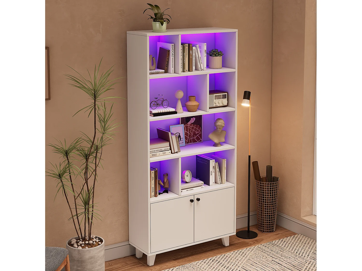 Bibliothèque 80x30x173cm - éclairage LED à changement de couleur - 2 portes - des compartiments de rangement - blanc