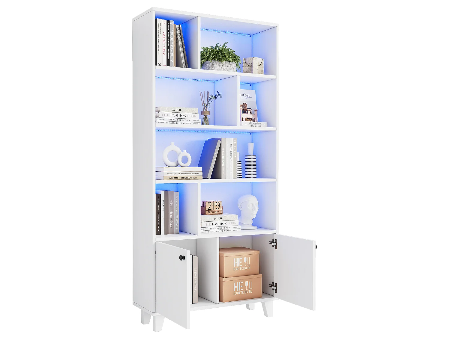Bibliothèque 80x30x173cm - éclairage LED à changement de couleur - 2 portes - des compartiments de rangement - blanc