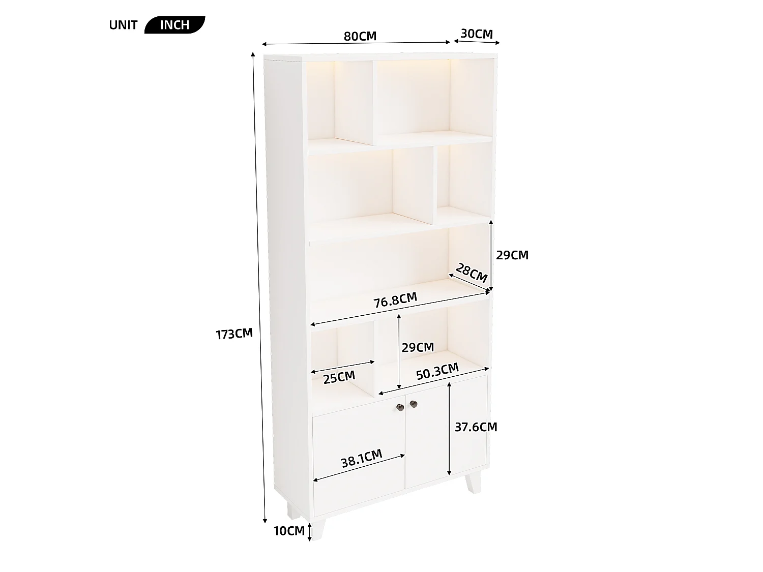 Bibliothèque 80x30x173cm - éclairage LED à changement de couleur - 2 portes - des compartiments de rangement - blanc