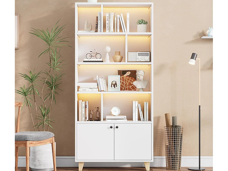 Libreria 80×30×173 cm - illuminazione LED a cambio colore - 2 ante - scomparti di riporo - bianco