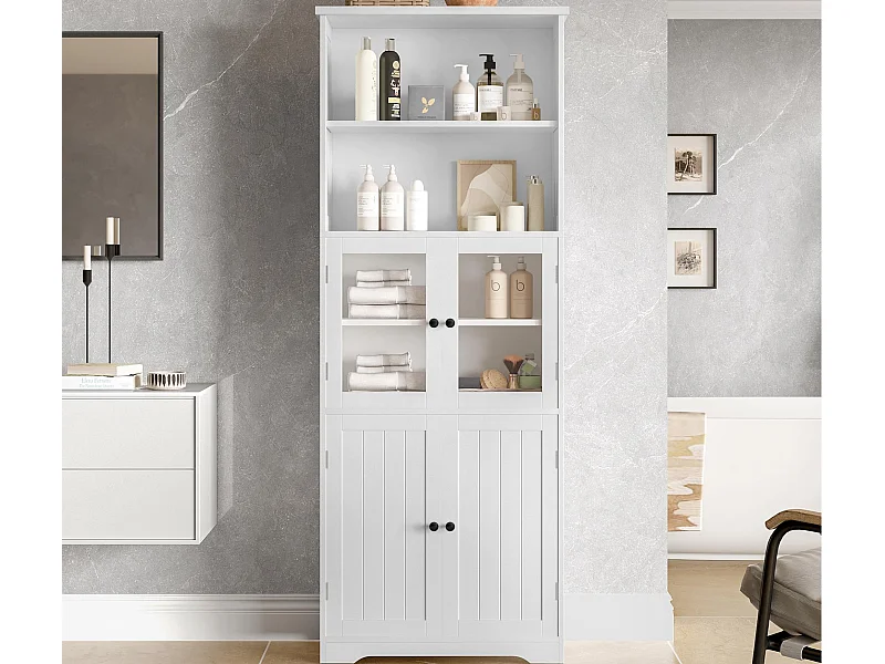 Meuble de salle de bain 57.4 x 28.5 x 160 cm - 4 portes - 2 compartiments ouverts - étagères réglables - blanc