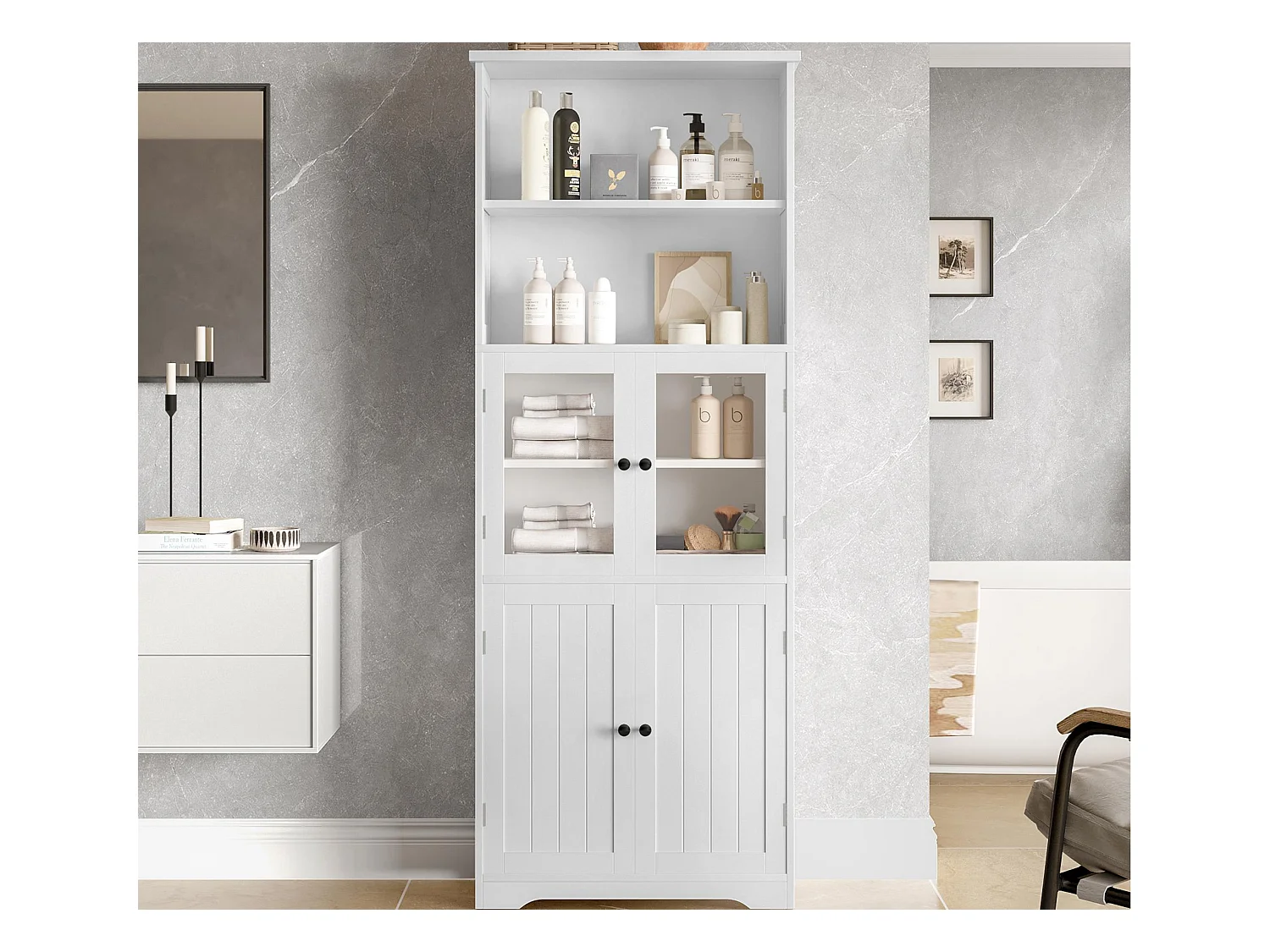 Meuble de salle de bain 57.4 x 28.5 x 160 cm - 4 portes - 2 compartiments ouverts - étagères réglables - blanc