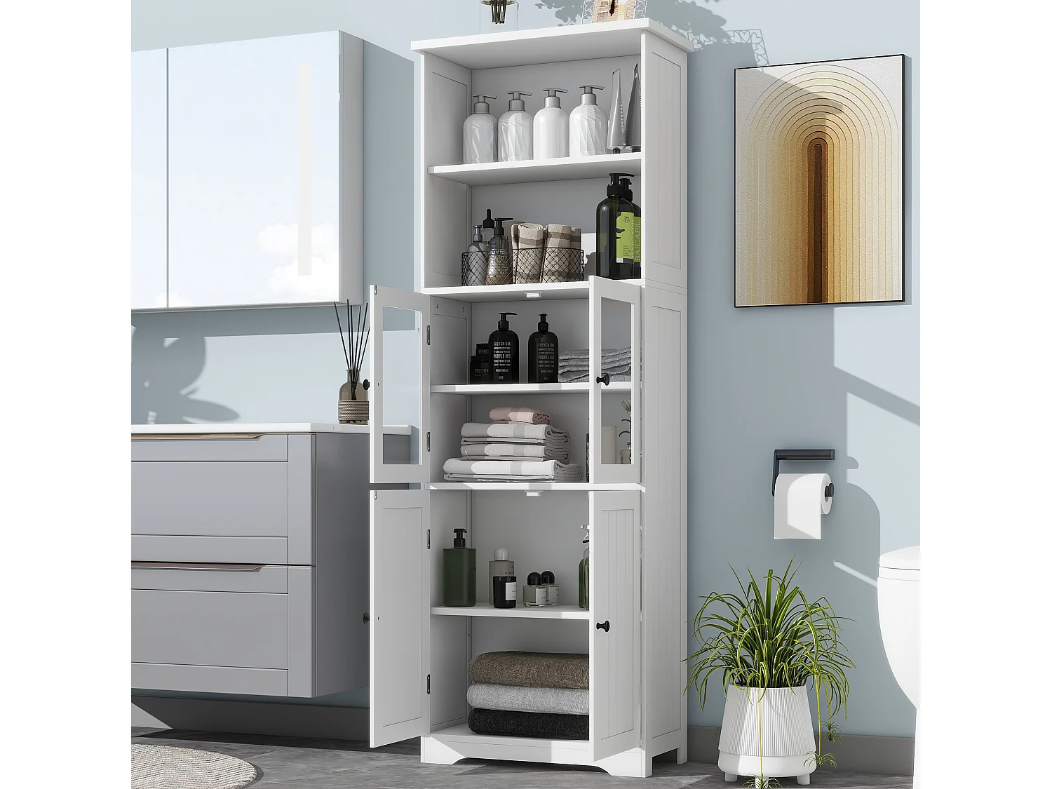 Meuble de salle de bain 57.4 x 28.5 x 160 cm - 4 portes - 2 compartiments ouverts - étagères réglables - blanc