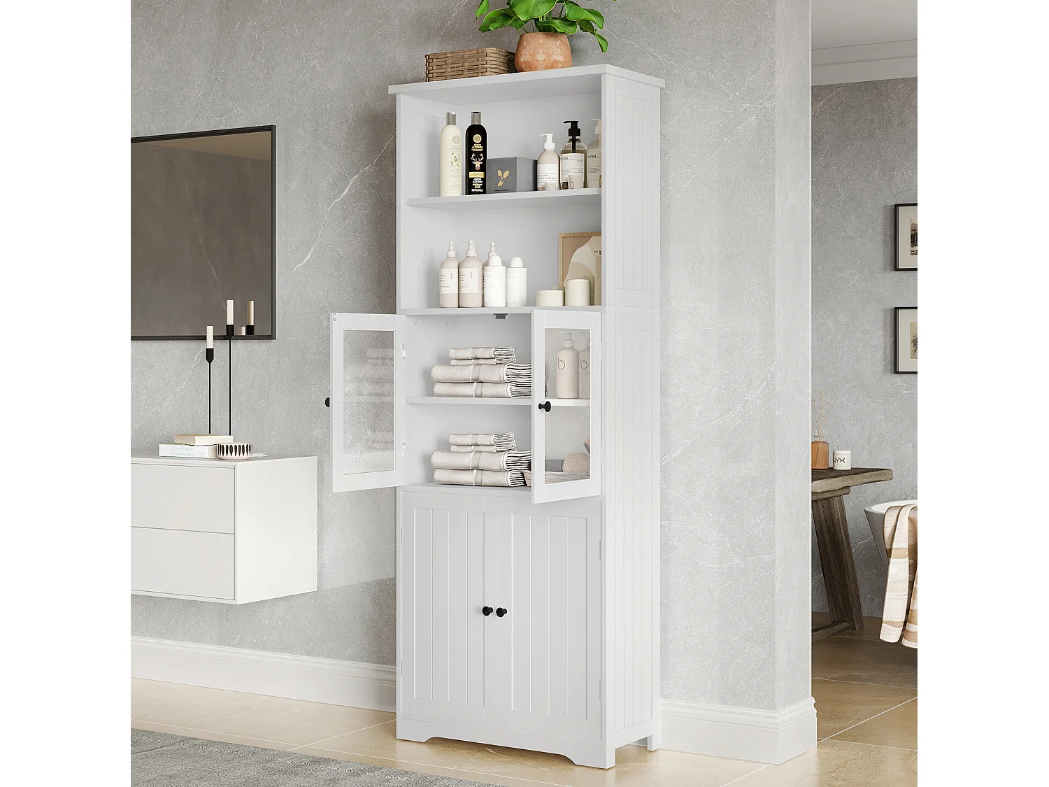 Meuble de salle de bain 57.4 x 28.5 x 160 cm - 4 portes - 2 compartiments ouverts - étagères réglables - blanc