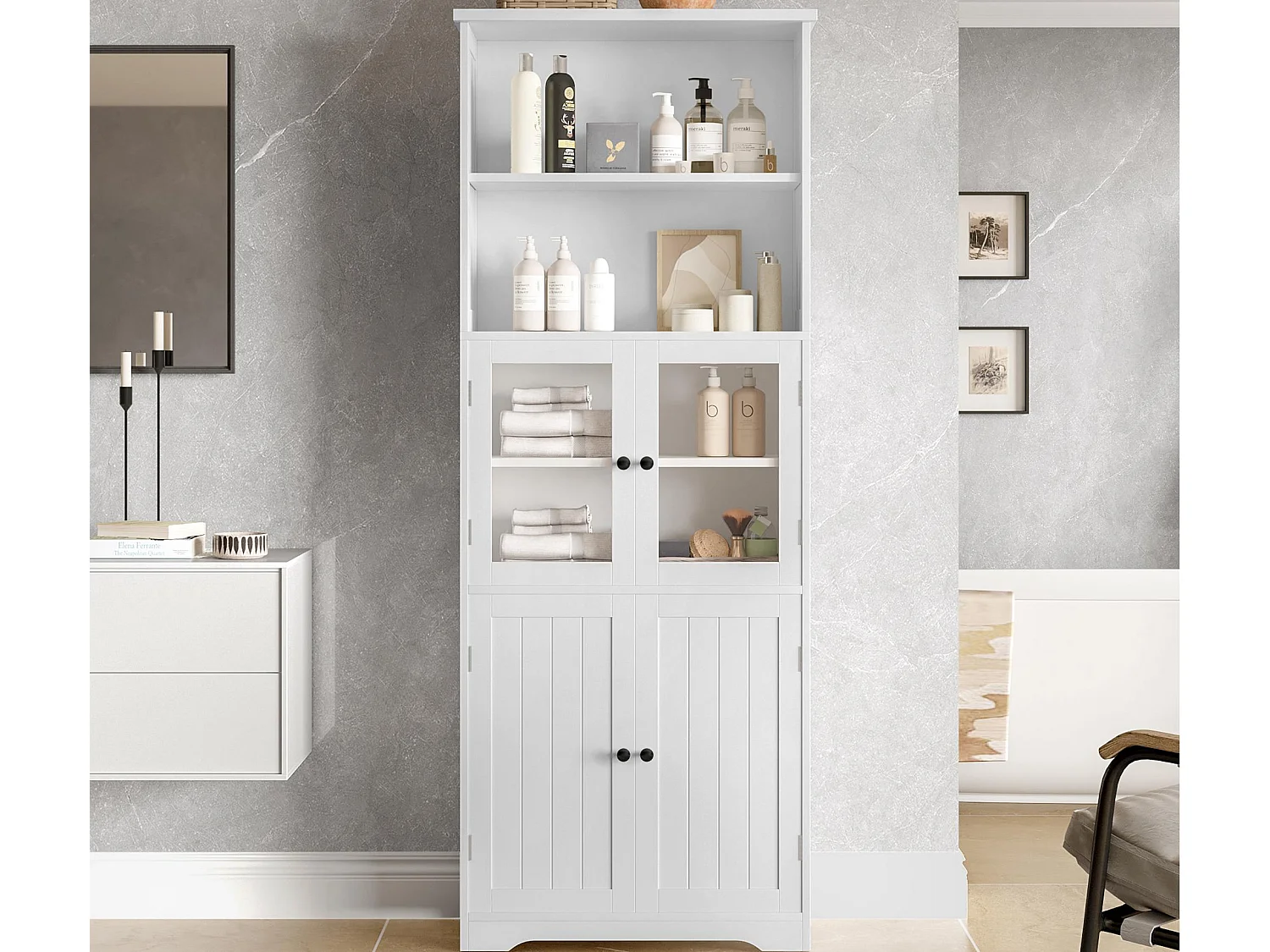 Badezimmerschrank 57,4×28,5×160 cm - 4 Türen - 2 offene Fächer - höhenverstellbare Regale - weiß