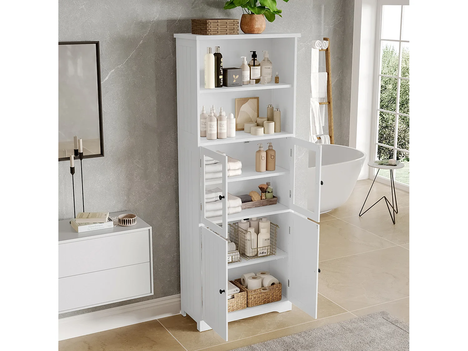 Badezimmerschrank 57,4×28,5×160 cm - 4 Türen - 2 offene Fächer - höhenverstellbare Regale - weiß