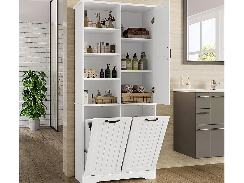 Badmeubel 78×35×172 cm - dubbele wasmand - 4 open vakken - 1 deur - wit