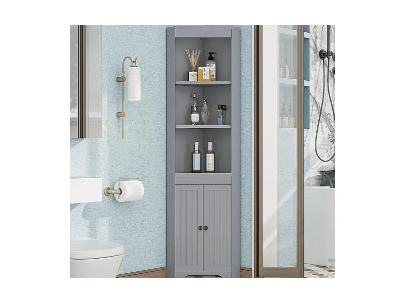Meble łazienkowe 49,5×35×170 cm - 3 otwarte przegródki - 2 drzwi odporne na wilgoć - regulowane półki - szary