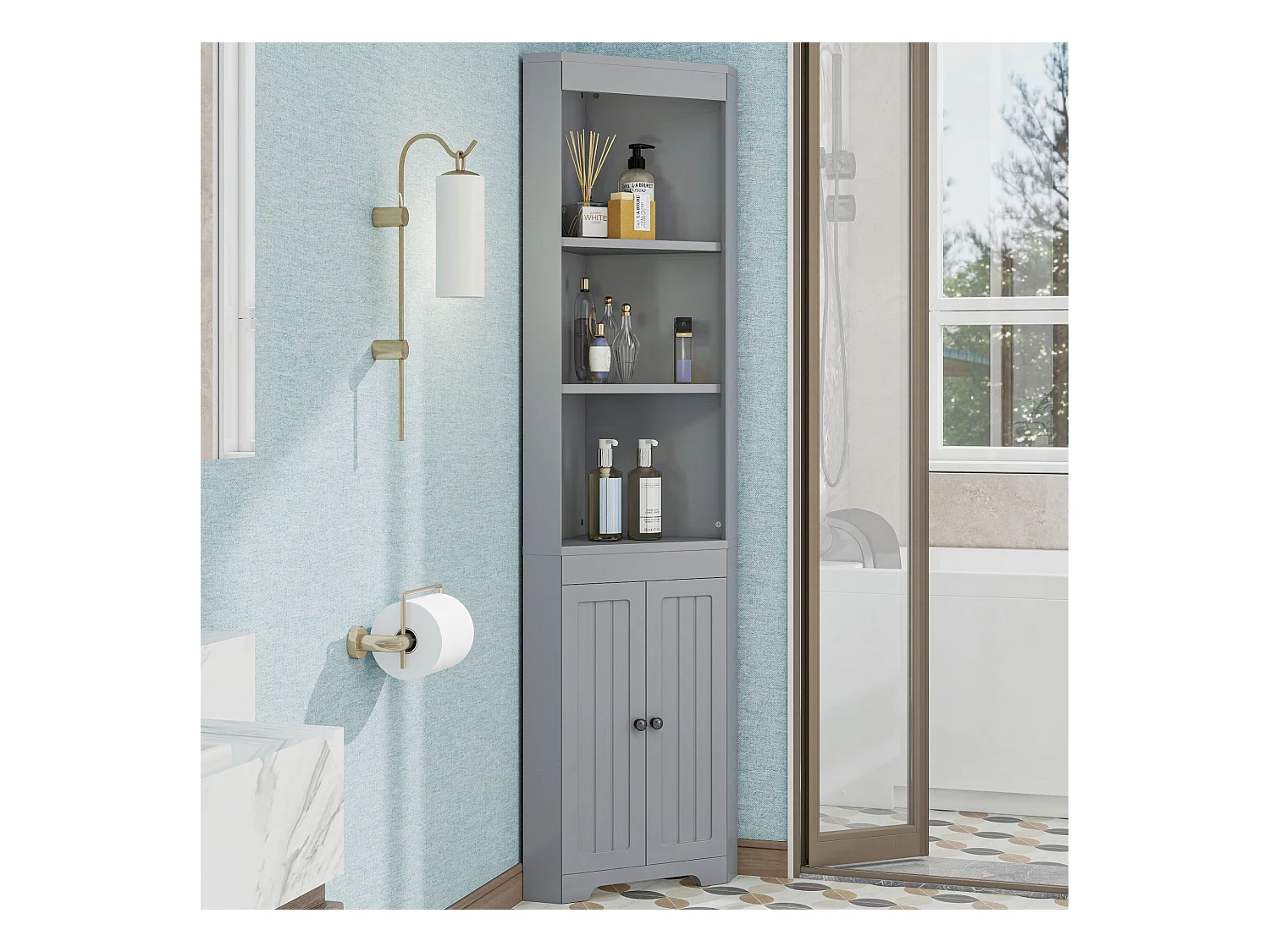 Meuble de salle de bain 49.5x35x170cm - 3 compartiments ouverts - 2 portes résistantes à l'humidité - étagères réglables - gris