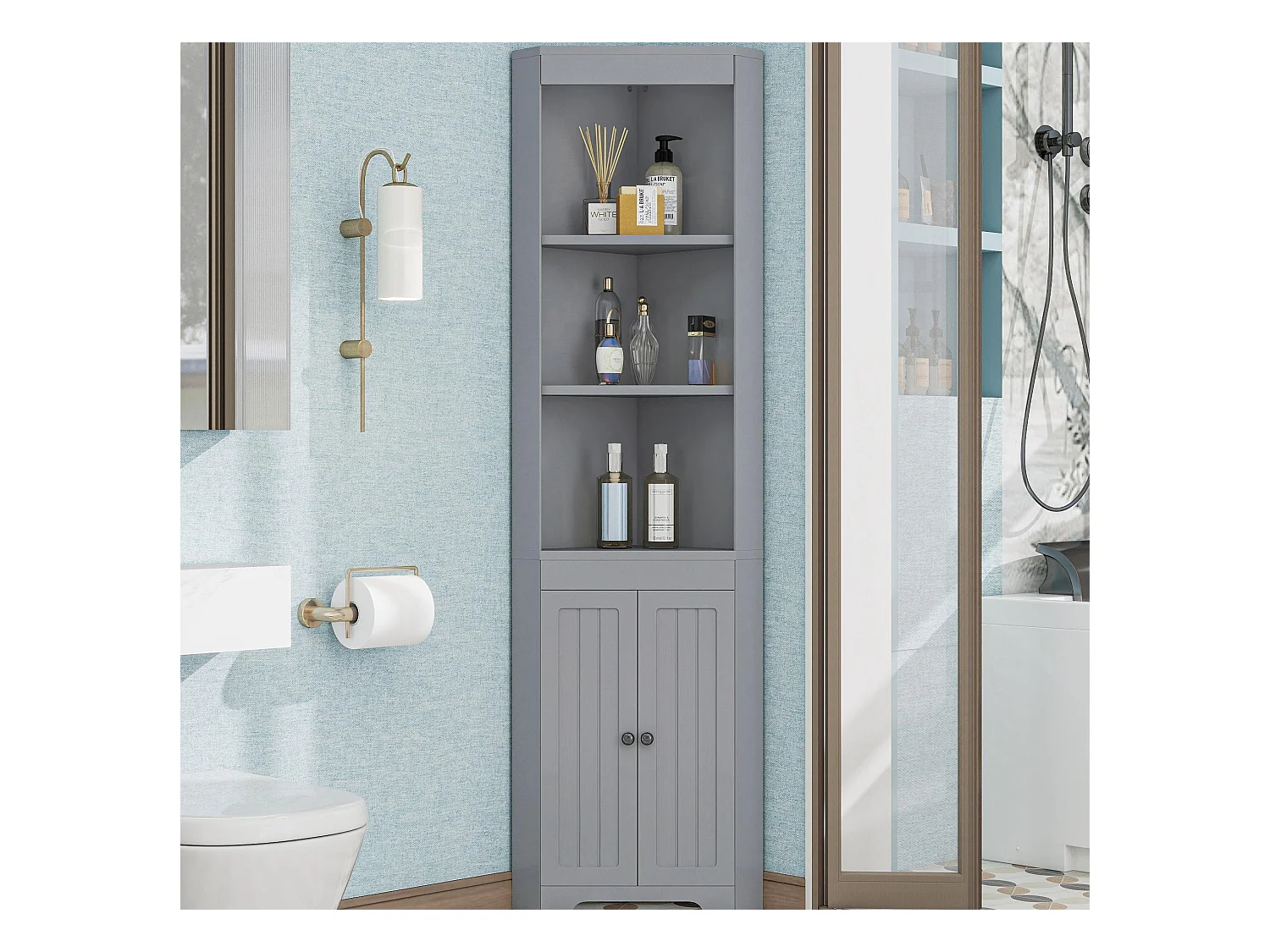 Meuble de salle de bain 49.5x35x170cm - 3 compartiments ouverts - 2 portes résistantes à l'humidité - étagères réglables - gris