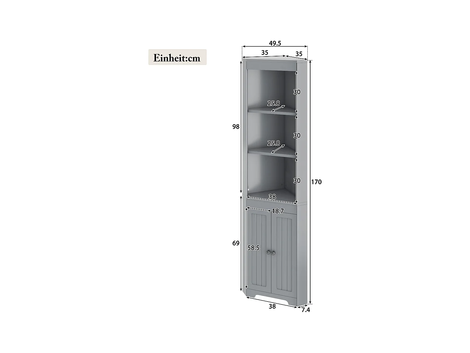 Badezimmerschrank 49,5×35×170 cm - 3 offene Fächer - 2 feuchtigkeitsbeständige Türen - höhenverstellbare Regale - grau