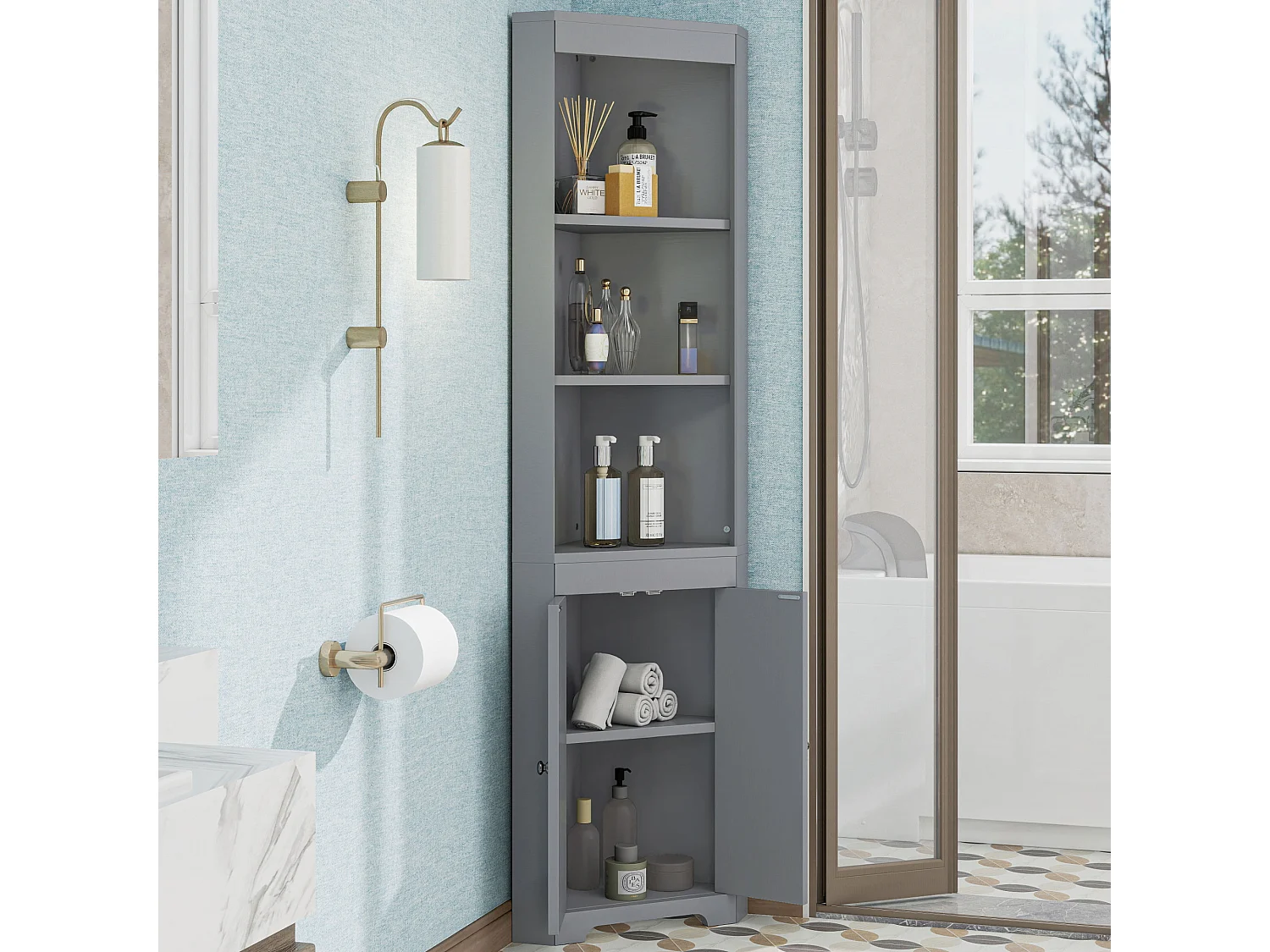 Meuble de salle de bain 49.5x35x170cm - 3 compartiments ouverts - 2 portes résistantes à l'humidité - étagères réglables - gris
