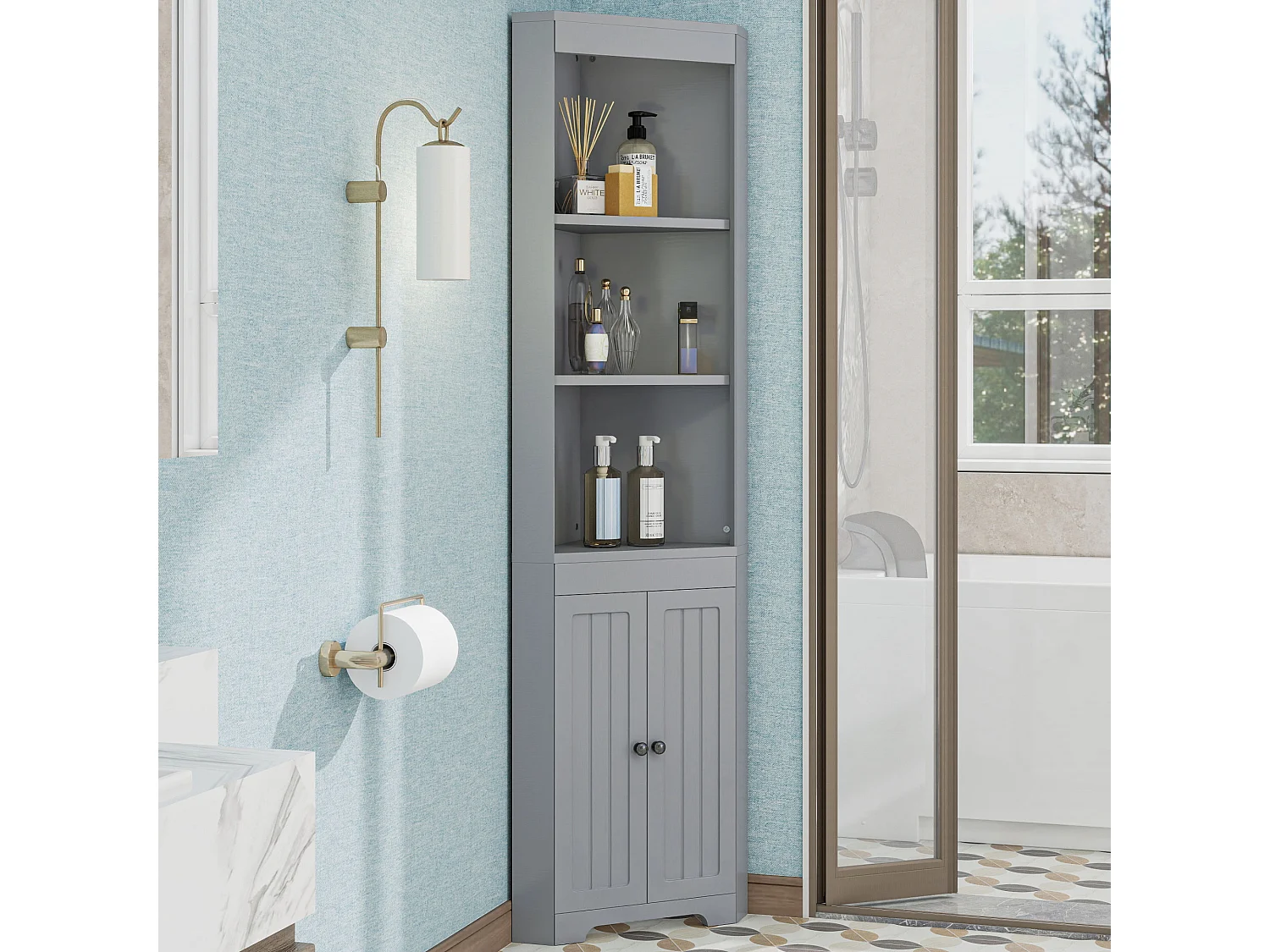 Meuble de salle de bain 49.5x35x170cm - 3 compartiments ouverts - 2 portes résistantes à l'humidité - étagères réglables - gris