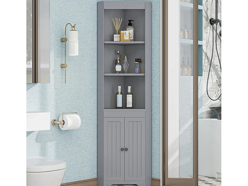 Meuble de salle de bain 49.5x35x170cm - 3 compartiments ouverts - 2 portes résistantes à l'humidité - étagères réglables - gris