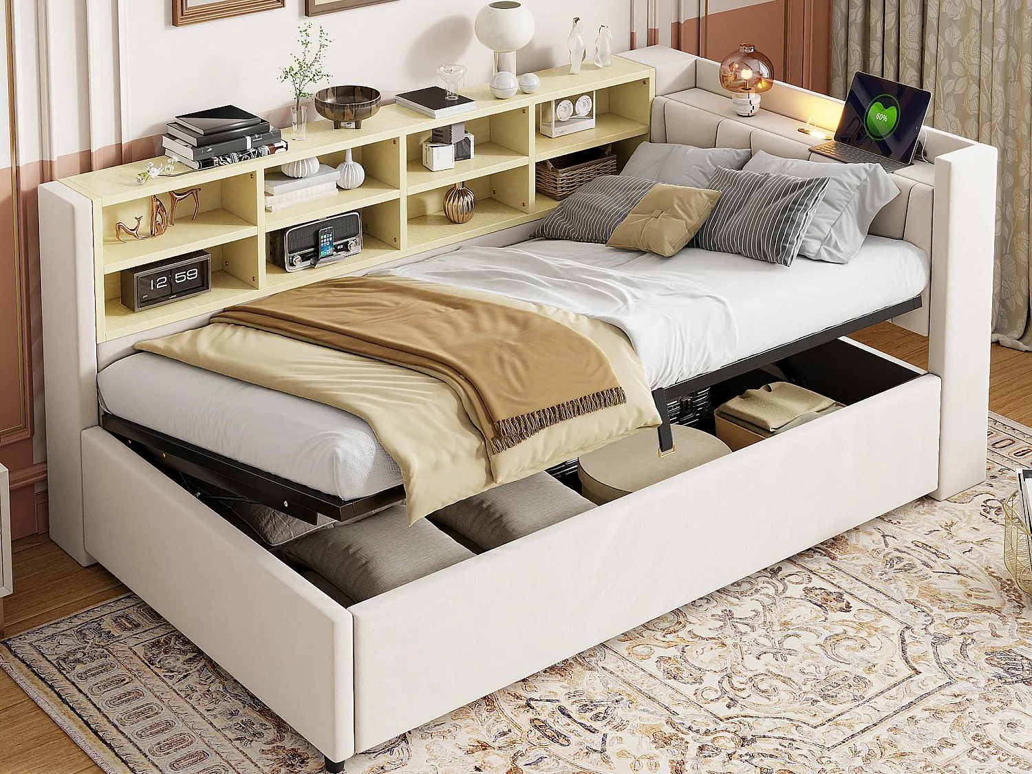 Sofá cama con almacenamiento 90×200 cm - con iluminación - con puerto USB y Type-C - Terciopelo - Beige (sin colchón)