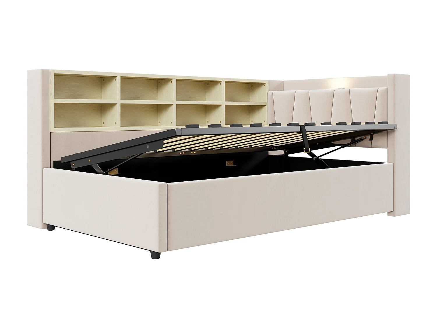 Sofá cama con almacenamiento 90×200 cm - con iluminación - con puerto USB y Type-C - Terciopelo - Beige (sin colchón)