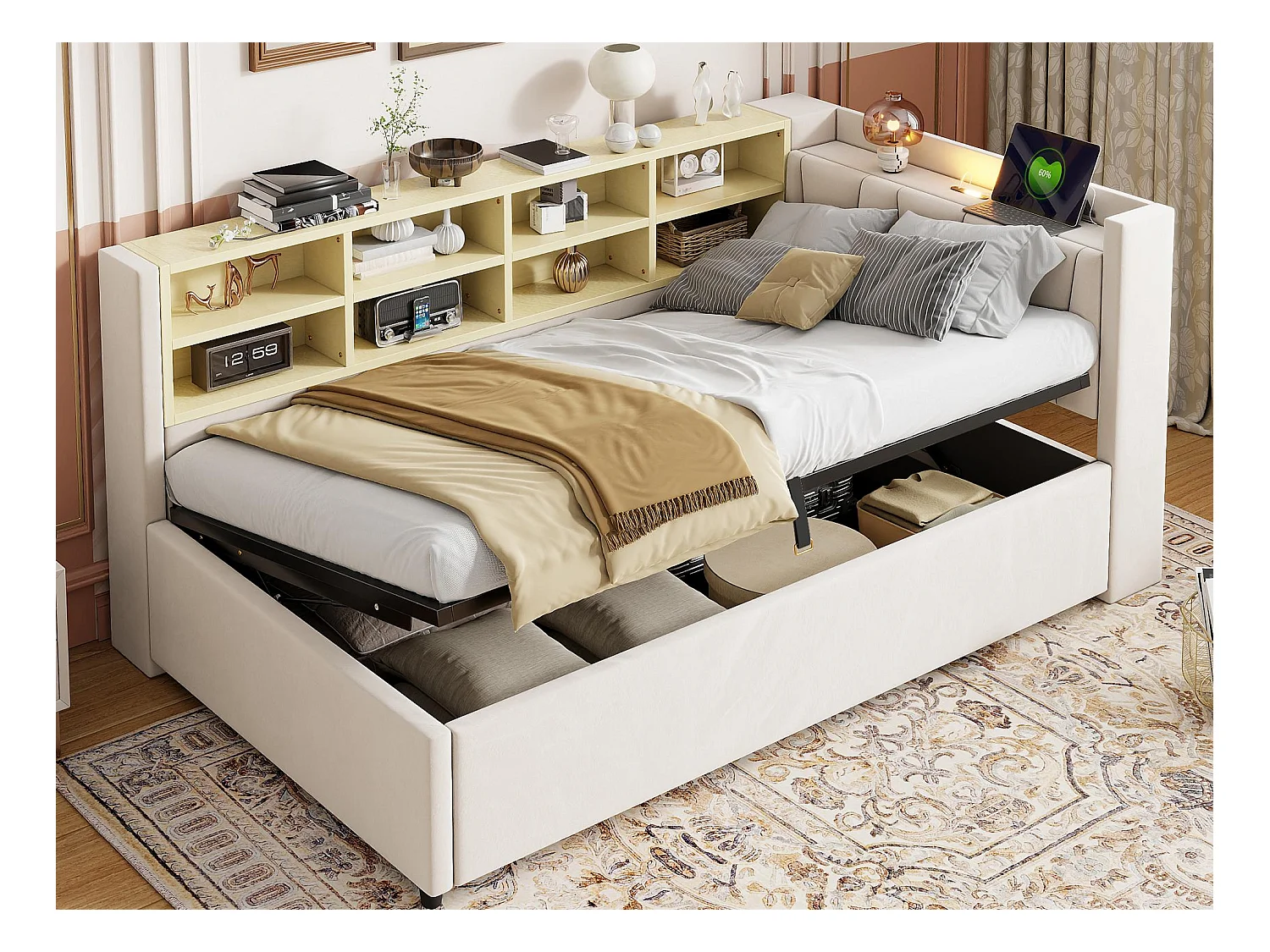 Canapé-lit rembourré avec rangement 90x200cm - avec éclairage - avec port USB et Type-C - Velours - Beige (sans matelas)