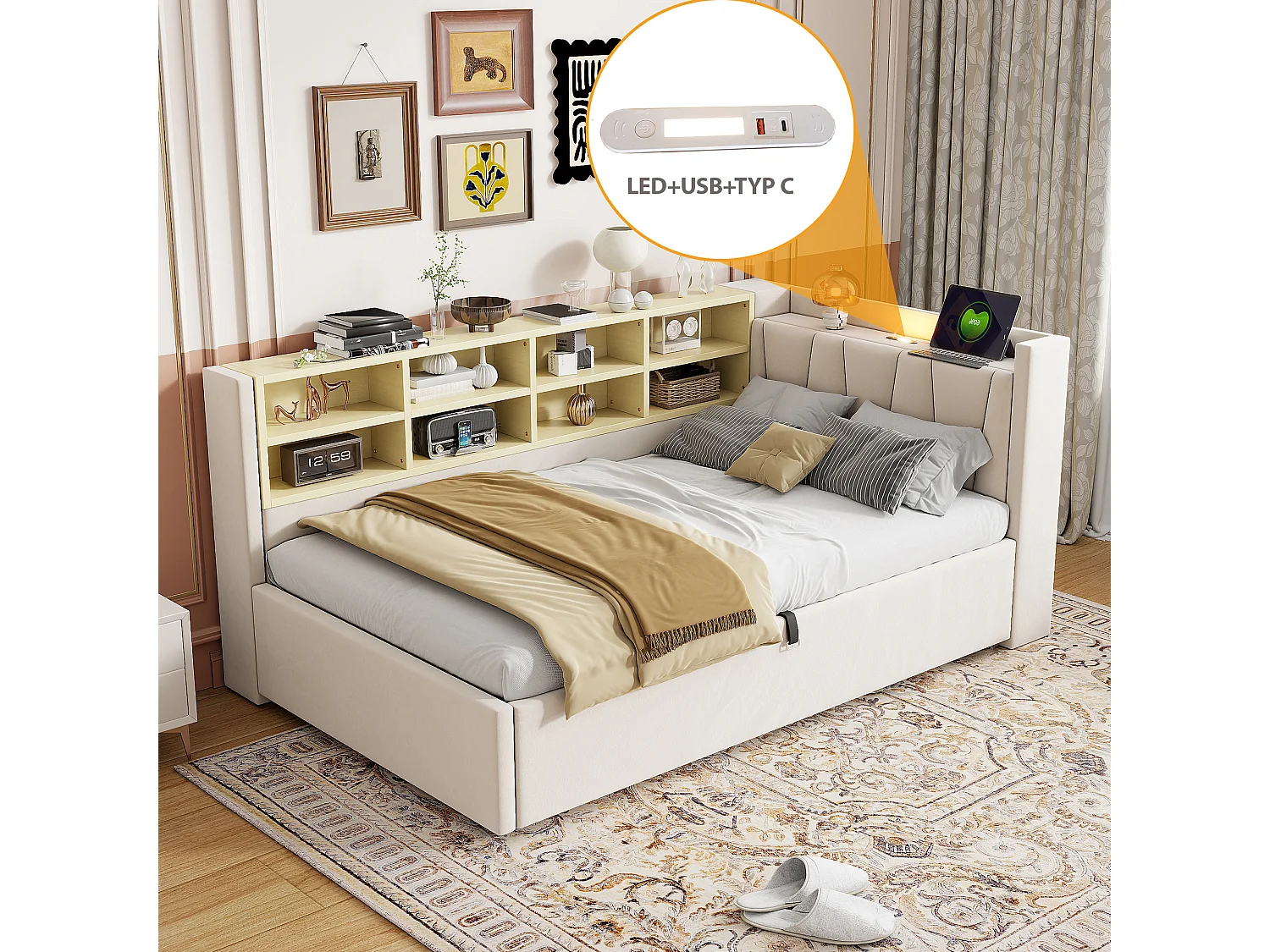 Canapé-lit rembourré avec rangement 90x200cm - avec éclairage - avec port USB et Type-C - Velours - Beige (sans matelas)