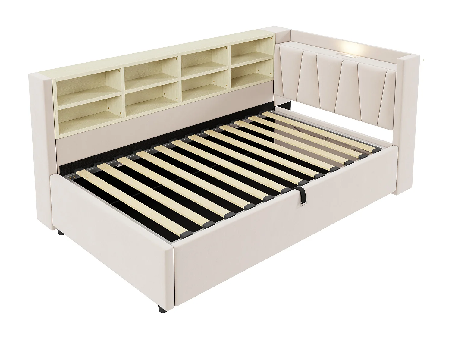 Canapé-lit rembourré avec rangement 90x200cm - avec éclairage - avec port USB et Type-C - Velours - Beige (sans matelas)