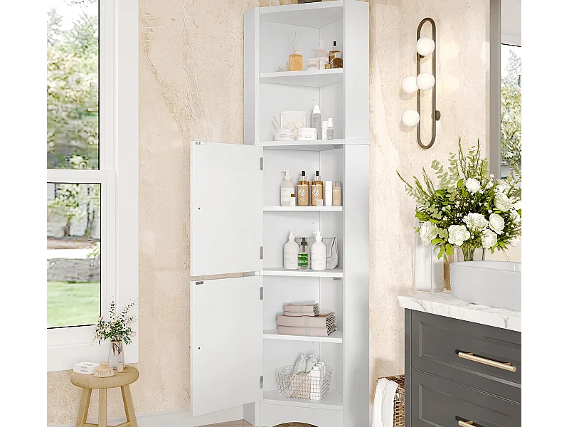 Dreieckiger Badezimmerschrank 51,7×32×155,4 cm - 2 offene Fächer - 2 Türen - höhenverstellbare Regale - weiß