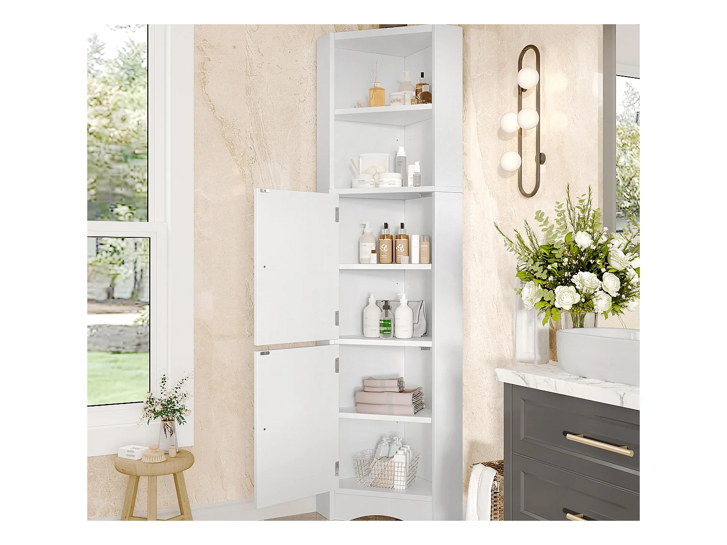 Meuble de salle de bain triangulaire 51.7x32x155.4cm - 2 compartiments ouverts - 2 portes - étagères réglables - blanc