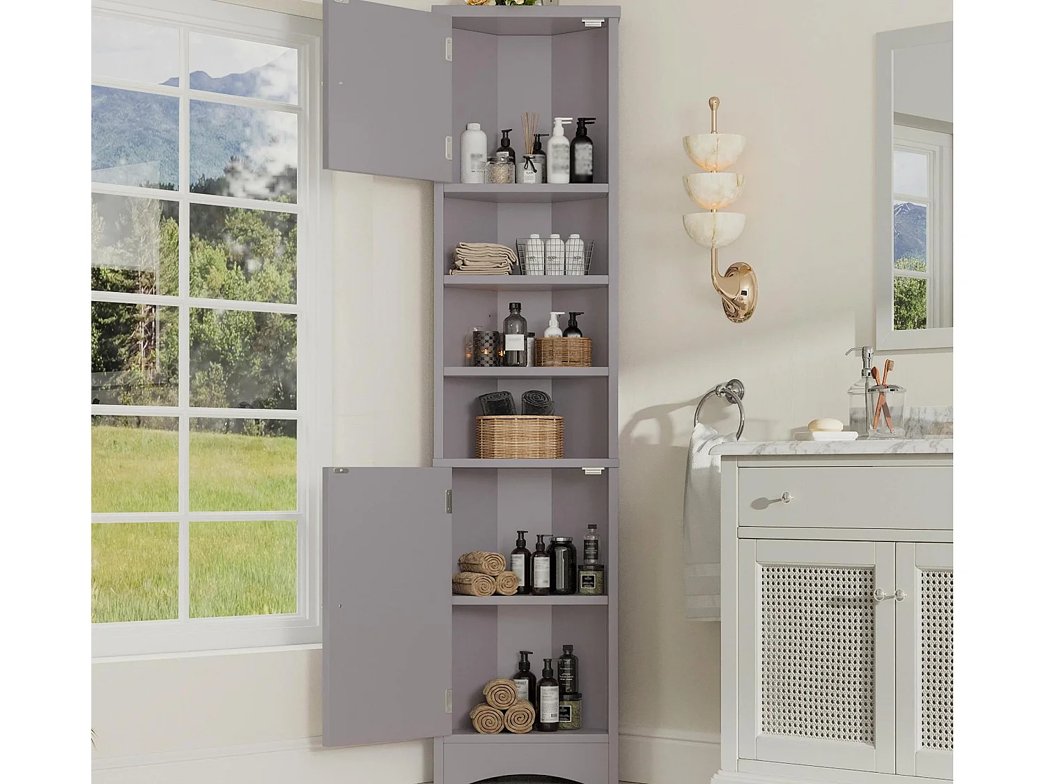 Meuble de salle de bain triangulaire 36.5x24.5x170 cm - 3 compartiments ouverts - 2 portes - gris