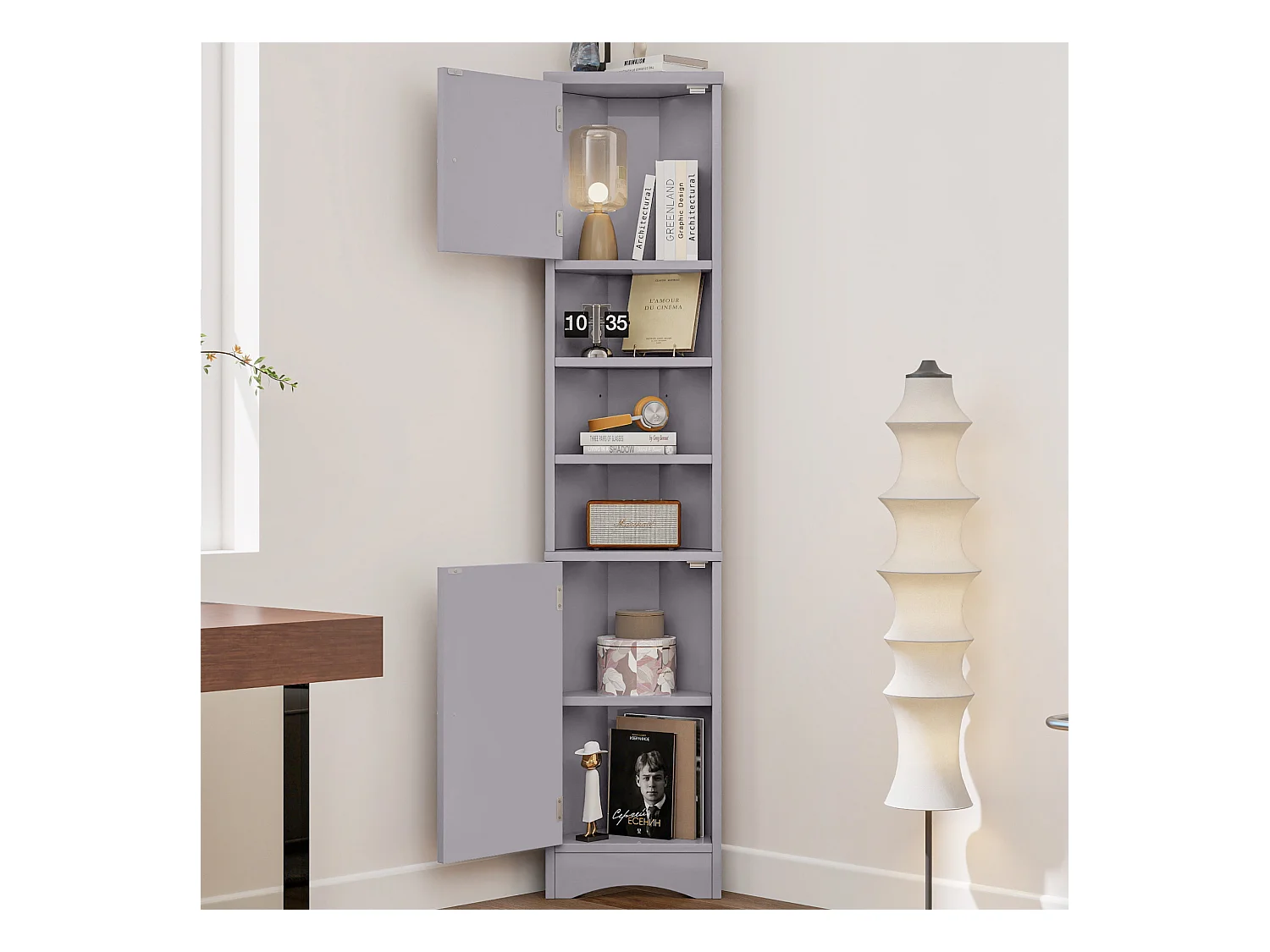 Meuble de salle de bain triangulaire 36.5x24.5x170 cm - 3 compartiments ouverts - 2 portes - gris