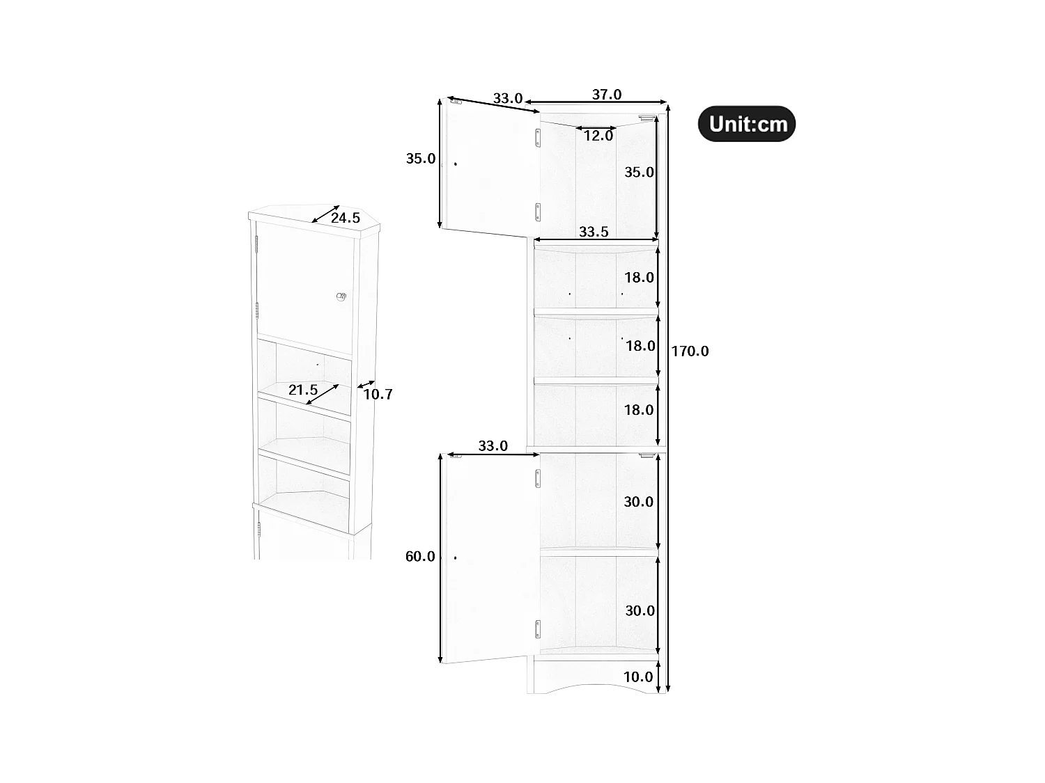 Meuble de salle de bain triangulaire 36.5x24.5x170 cm - 3 compartiments ouverts - 2 portes - gris
