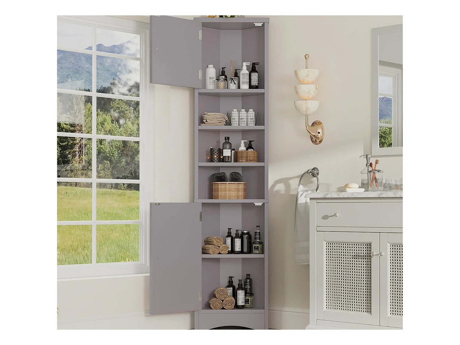 Meuble de salle de bain triangulaire 36.5x24.5x170 cm - 3 compartiments ouverts - 2 portes - gris