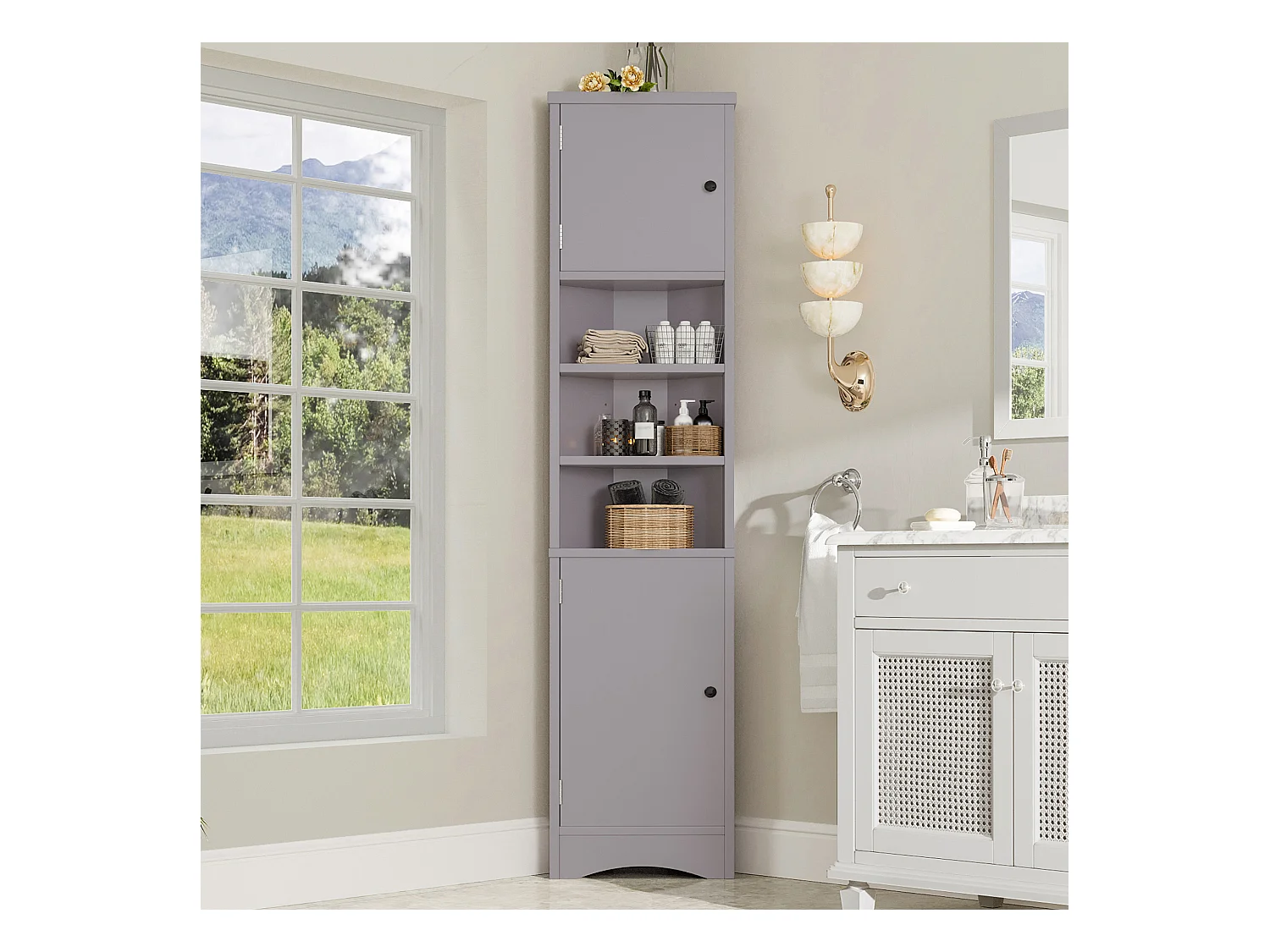 Meuble de salle de bain triangulaire 36.5x24.5x170 cm - 3 compartiments ouverts - 2 portes - gris
