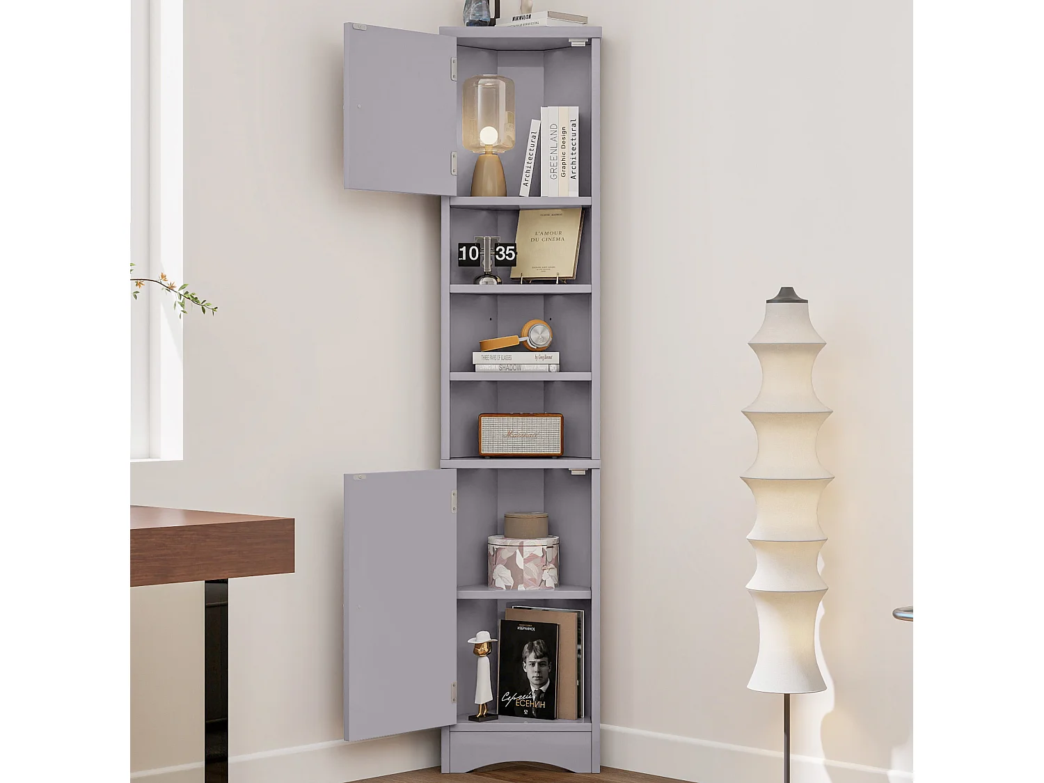 Meuble de salle de bain triangulaire 36.5x24.5x170 cm - 3 compartiments ouverts - 2 portes - gris