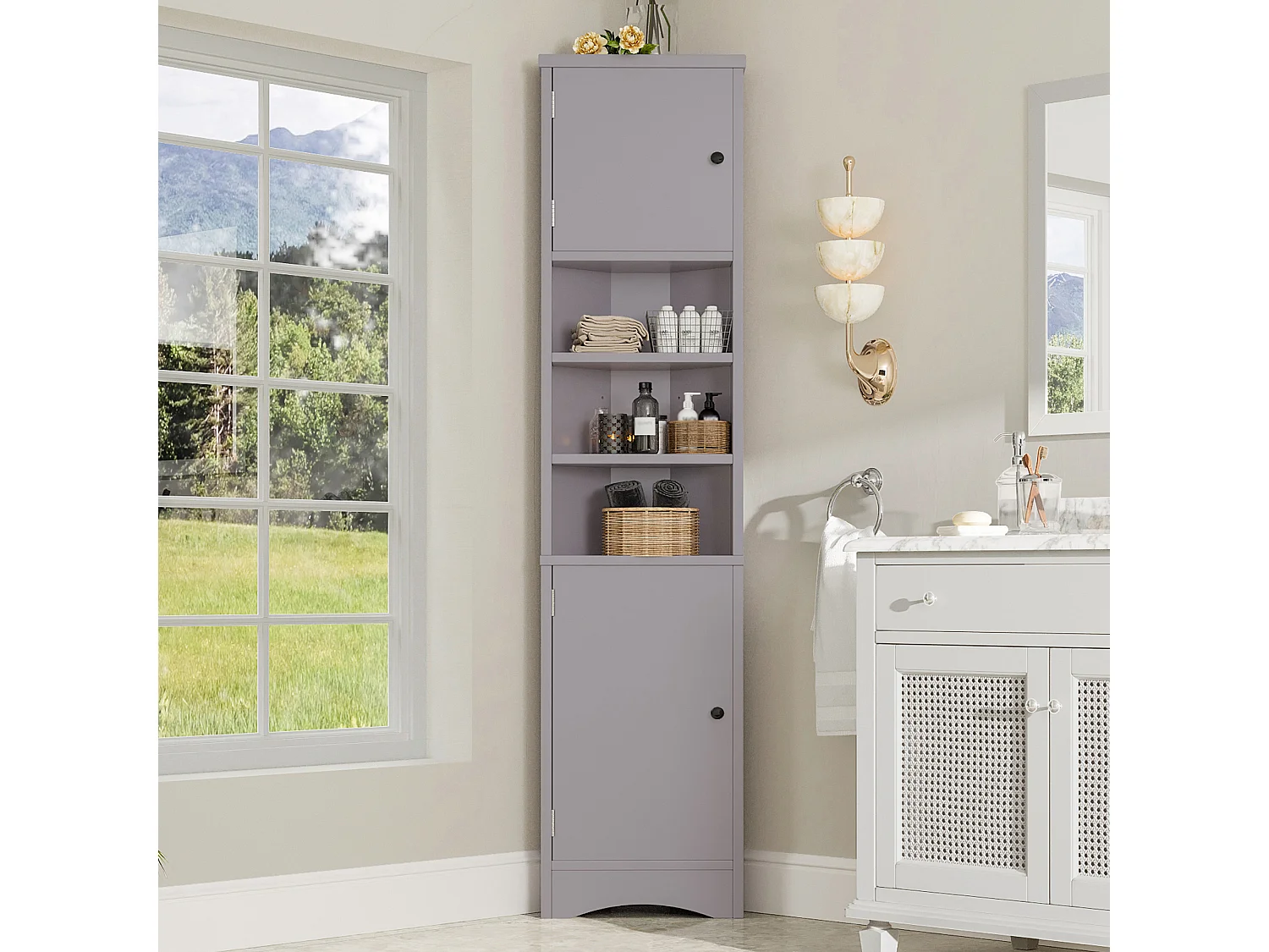 Meuble de salle de bain triangulaire 36.5x24.5x170 cm - 3 compartiments ouverts - 2 portes - gris