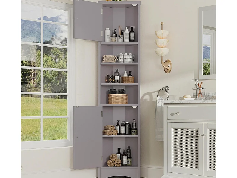 Meuble de salle de bain triangulaire 36.5x24.5x170 cm - 3 compartiments ouverts - 2 portes - gris