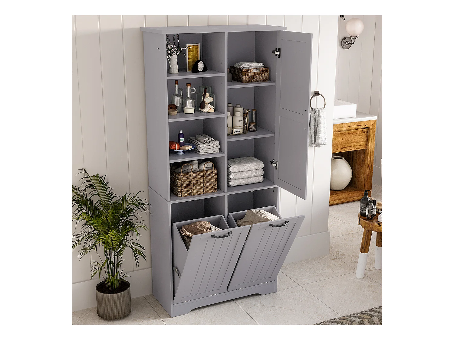 Badmeubel 78×35×172 cm - dubbele wasmand - 4 open vakken - 1 deur - grijs