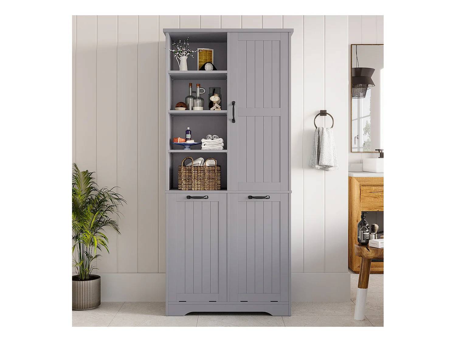 Badmeubel 78×35×172 cm - dubbele wasmand - 4 open vakken - 1 deur - grijs