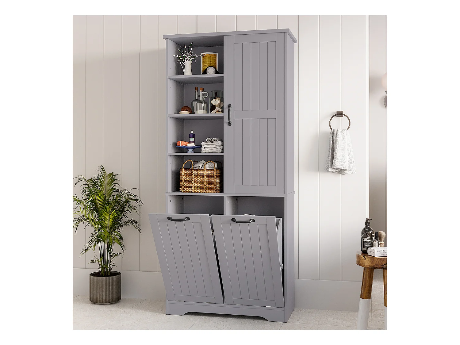 Badmeubel 78×35×172 cm - dubbele wasmand - 4 open vakken - 1 deur - grijs