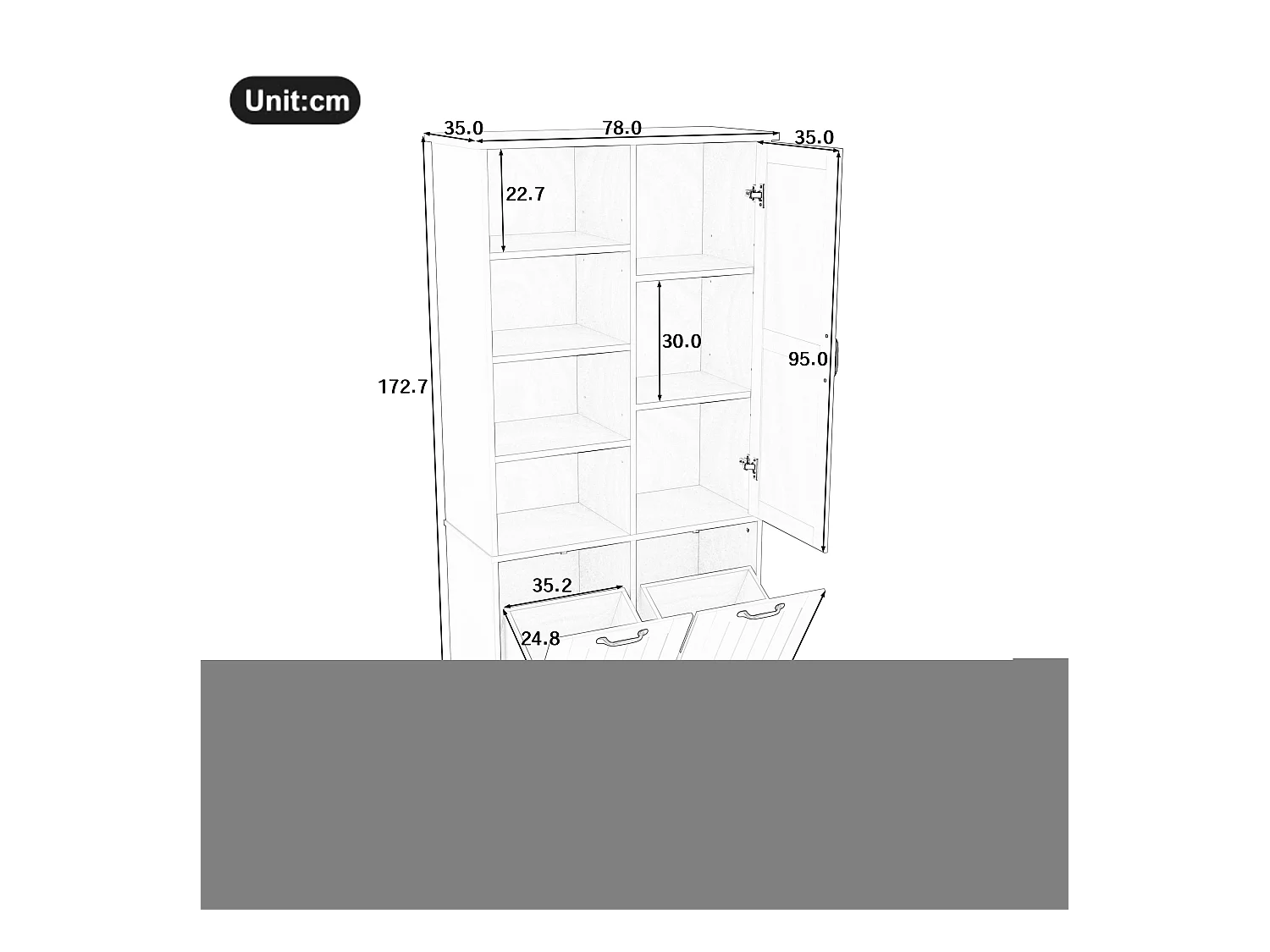 Badmeubel 78×35×172 cm - dubbele wasmand - 4 open vakken - 1 deur - grijs