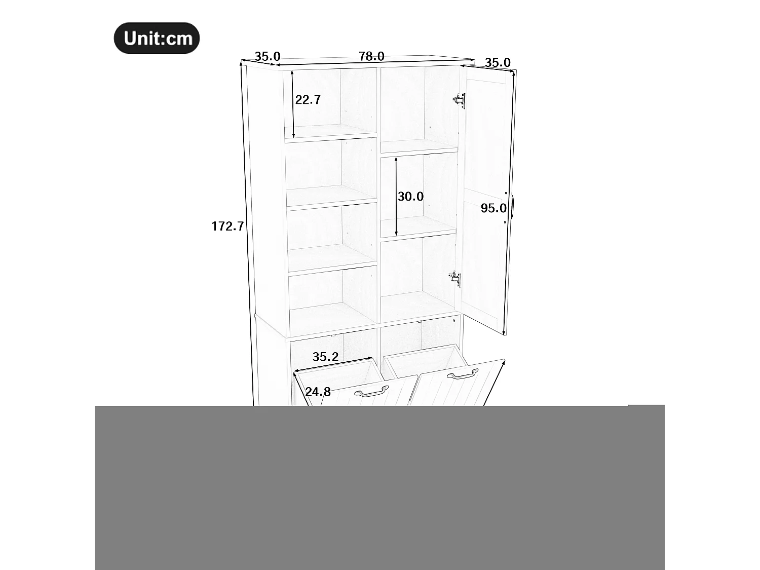 Meuble de salle de bain 78x35x172 cm - double panier à linge - 4 compartiments ouverts - 1 porte - gris