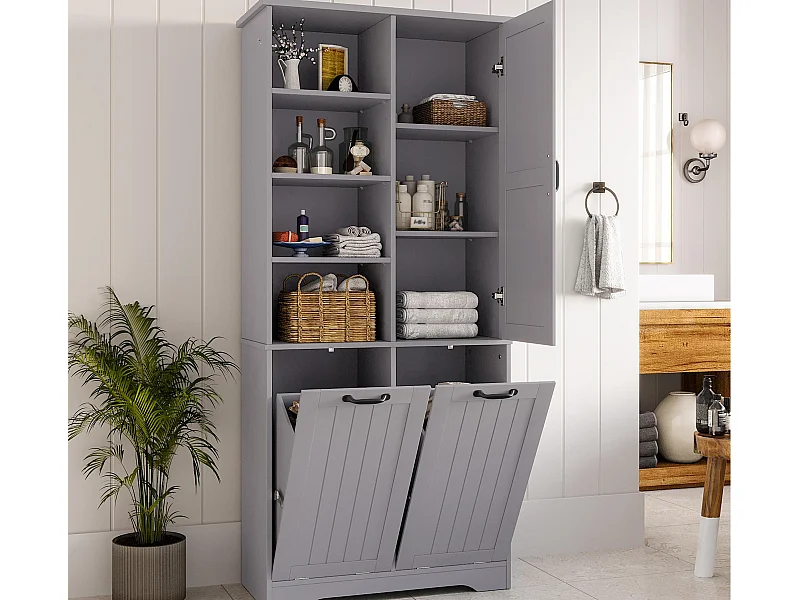 Meuble de salle de bain 78x35x172 cm - double panier à linge - 4 compartiments ouverts - 1 porte - gris